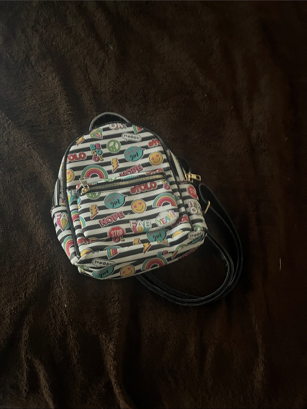 Striped Mini Backpack with Colorful Patch Print